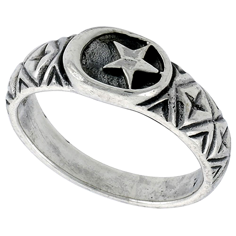Sterling Silver Crescent Moon &amp; Star Ring 1/4 inch, sizes 6 - 10