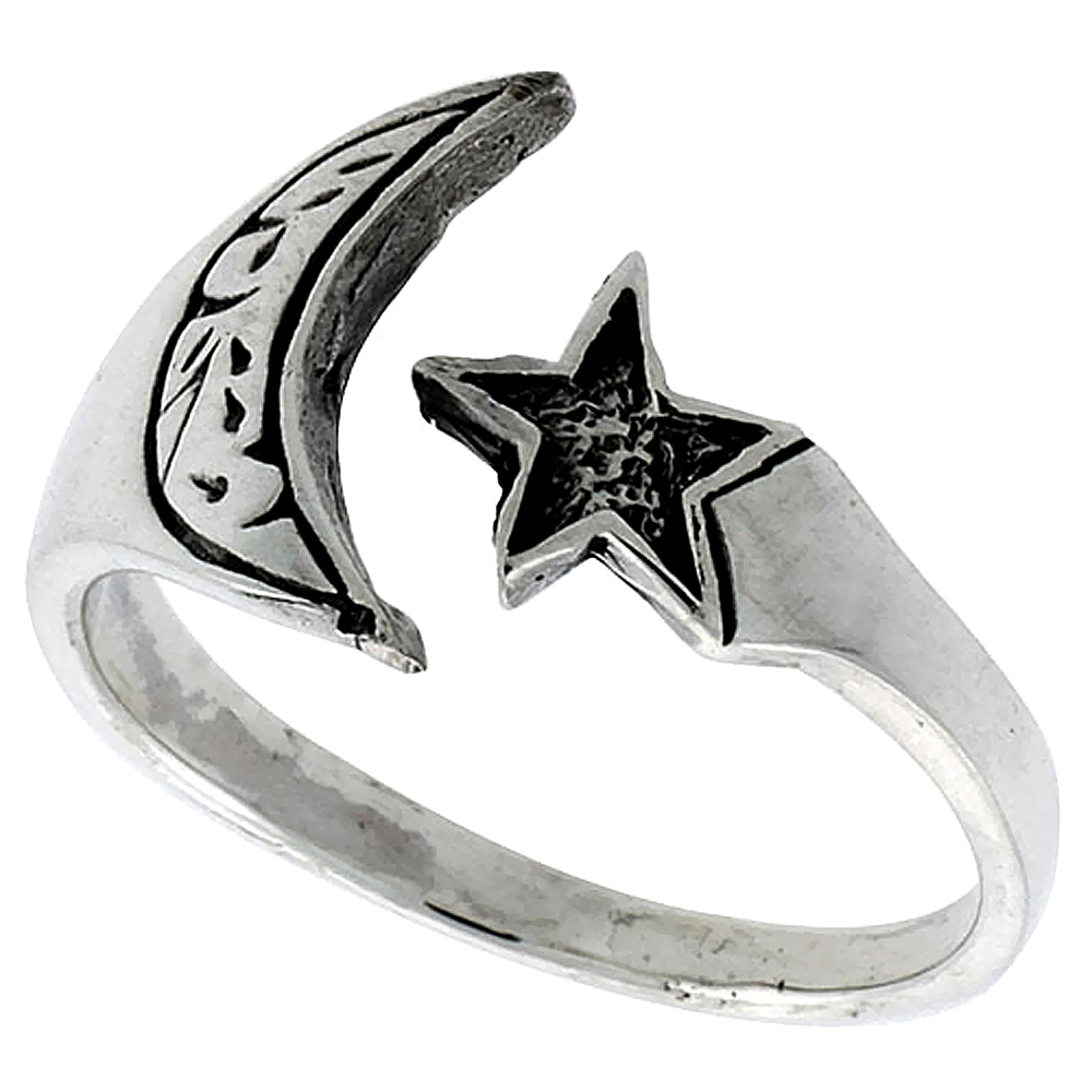 Sterling Silver Crescent Moon &amp; Star Ring 1/2 inch wide, sizes 6 - 10