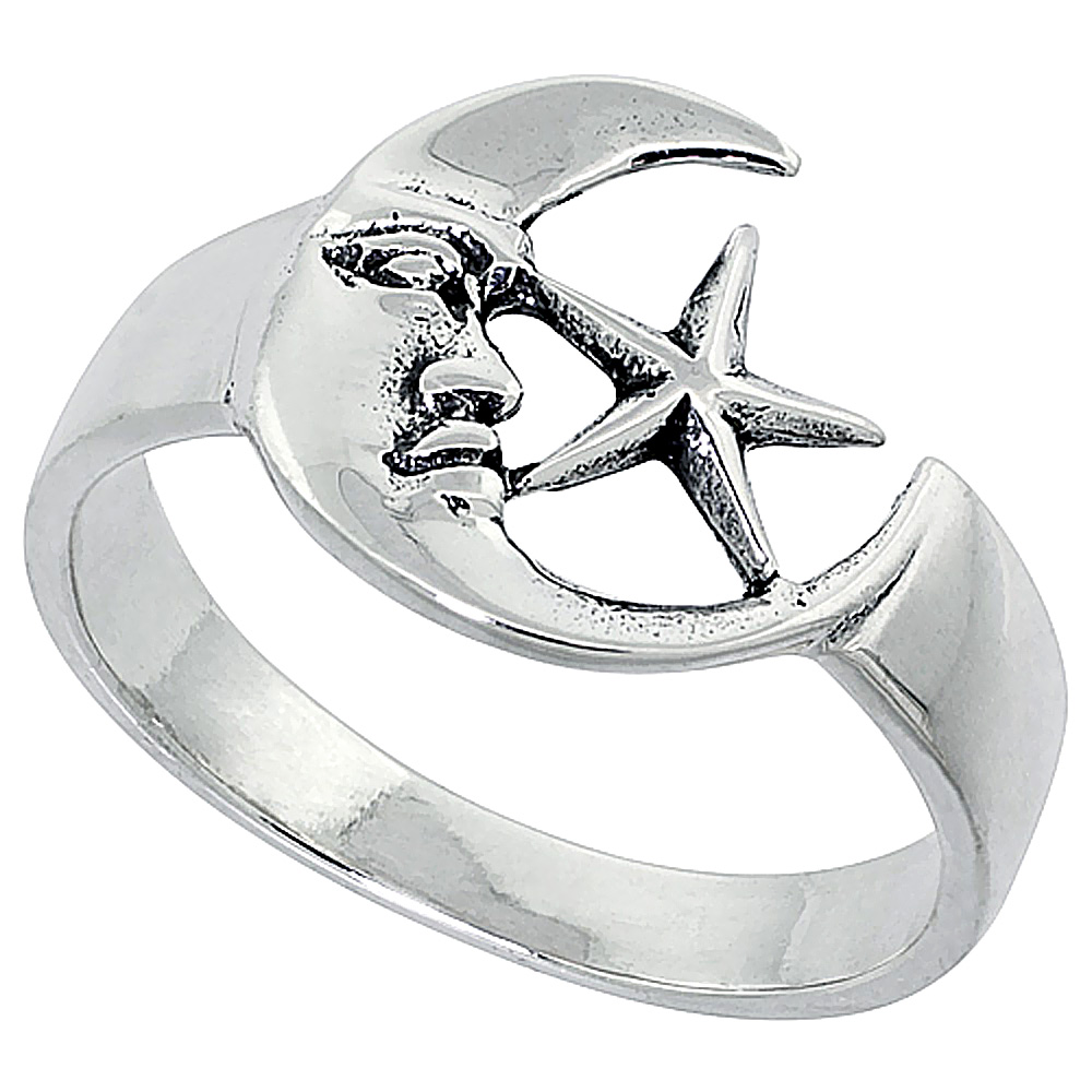 Sterling Silver Moon & Star Ring 1/2 inch wide, sizes 6 - 10