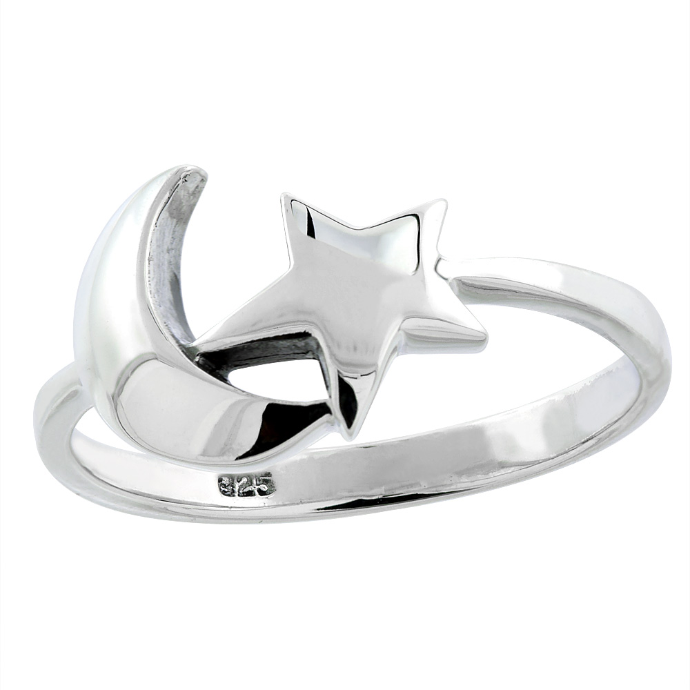 Sterling Silver Crescent Moon & Star Ring 3/8 inch wide, sizes 6 - 10