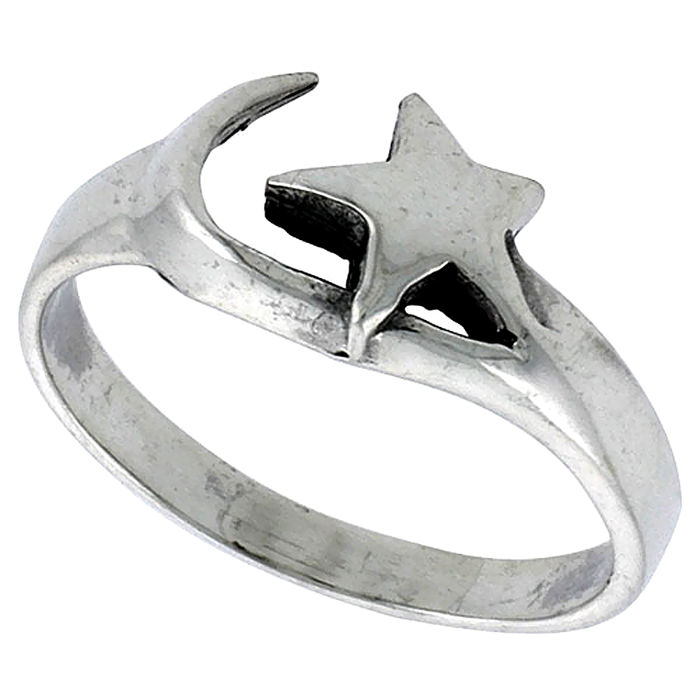 Sterling Silver Crescent Moon &amp; Star Ring 5/16 inch wide, sizes 6 - 10