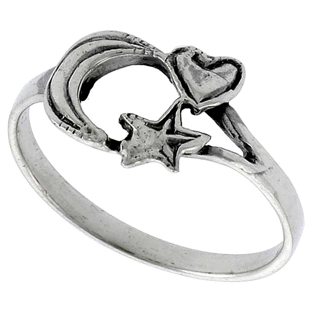 Sterling Silver Heart Moon &amp; Star Ring 7/16 inch wide, sizes 6 - 10