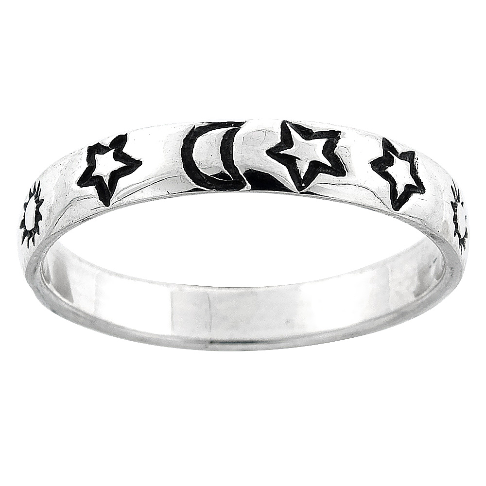 Sterling Silver Stackable Moon & Stars Ring Celestial Motif 1/8 inch, sizes 6 - 10