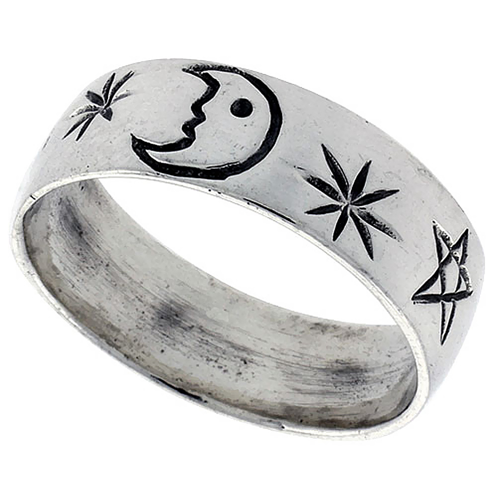 Sterling Silver Moon &amp; Star Ring 1/4 inch, sizes 6 - 10