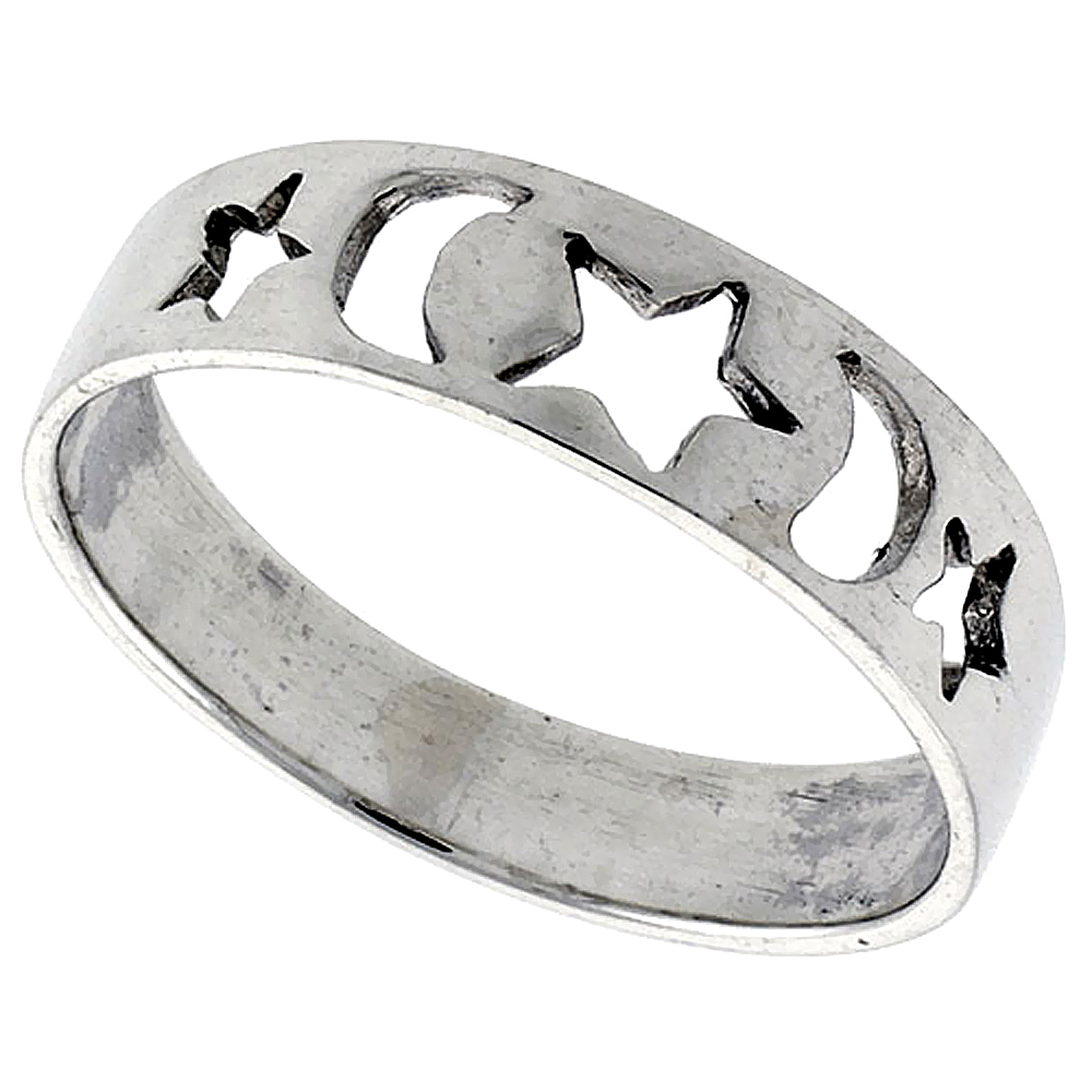 Sterling Silver Moons &amp; Stars Cigar Band Ring , sizes 6 - 10 1/4 inch wide, sizes 6 - 10