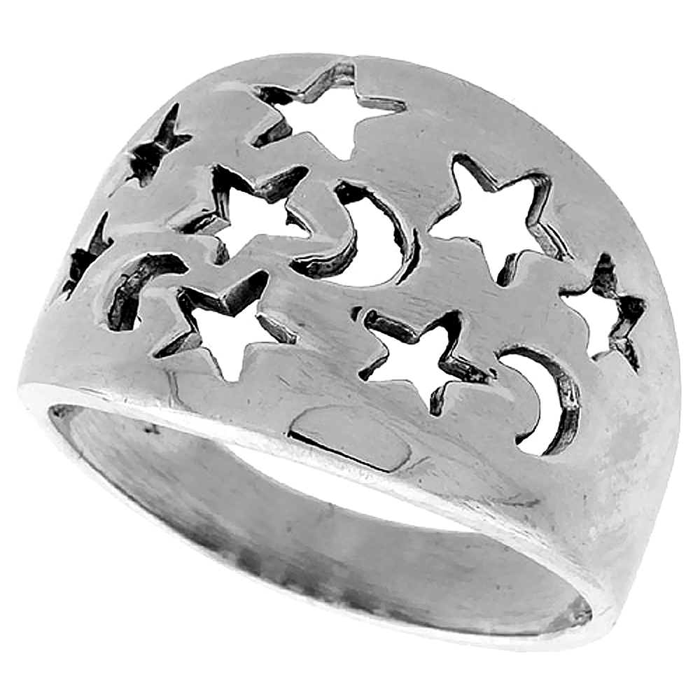 Sterling Silver Moons &amp; Stars Cigar Band Ring 5/8 inch wide, sizes 6 - 10