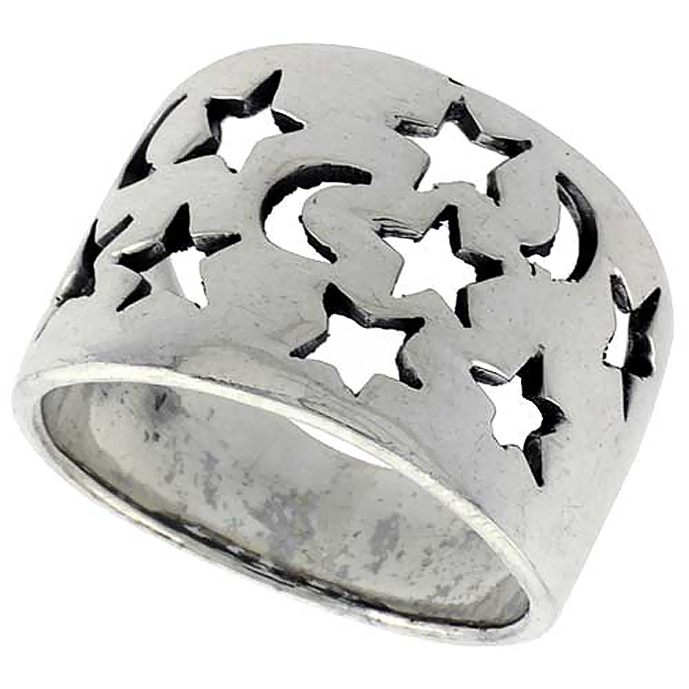 Sterling Silver Moons &amp; Stars Cigar Band Ring flat 5/8 inch wide, sizes 6 - 10