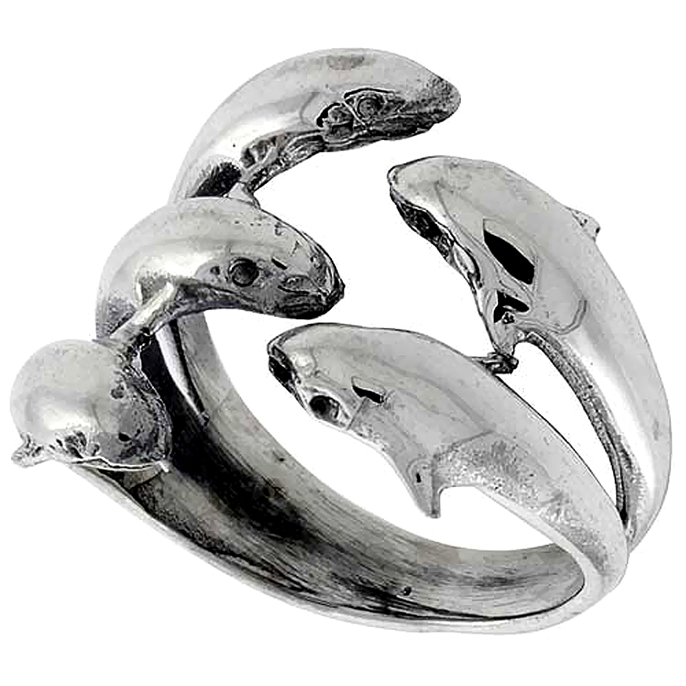 Sterling Silver Dolphins Ring 7/8 inch, sizes 6 - 10