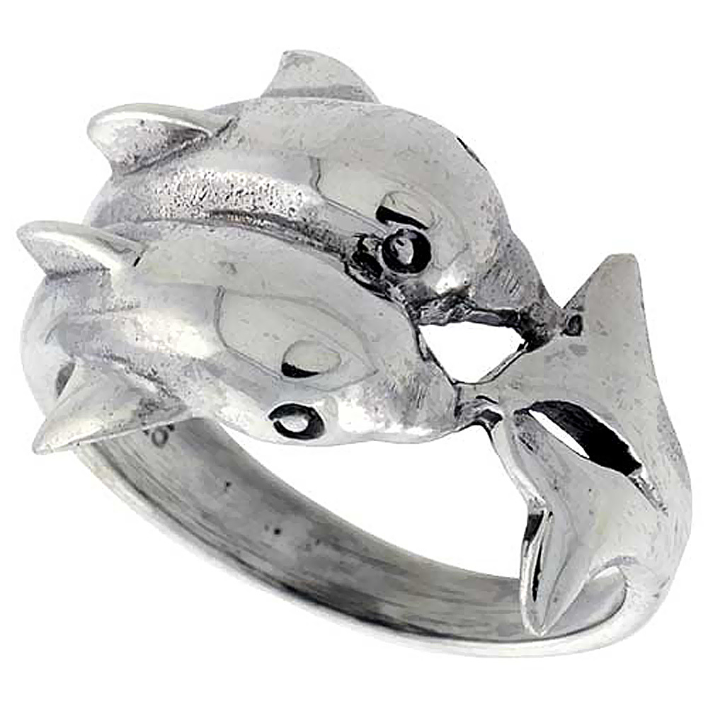 Sterling Silver Double Dolphin Ring 5/8 inch wide, sizes 6 - 10