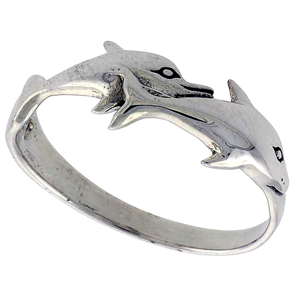 Sterling Silver Dolphin Double Dolphin Ring 3/8 inch wide, sizes 6 - 10