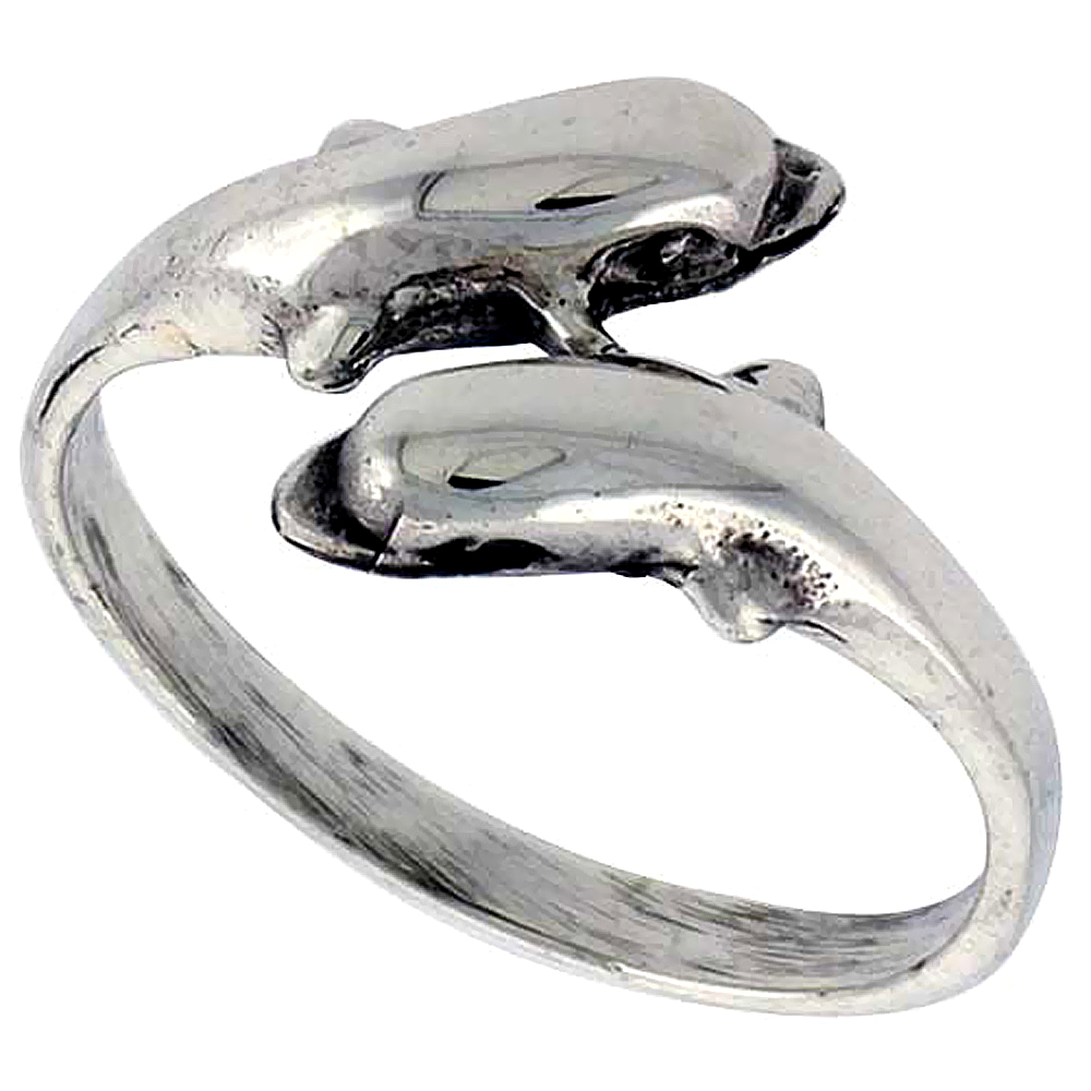 Sterling Silver Double Dolphin Ring 1/2 inch wide, sizes 6 - 10