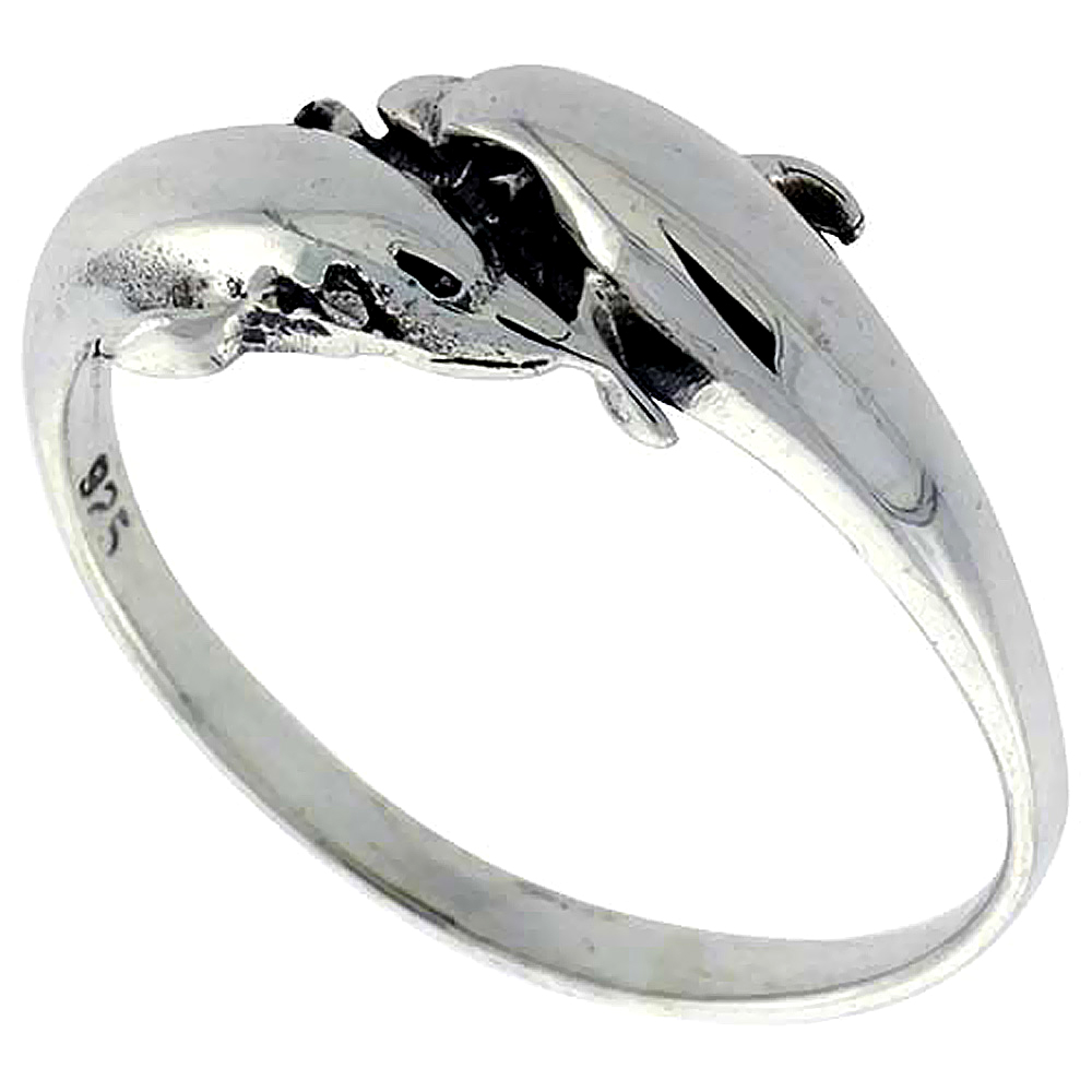 Sterling Silver Double Dolphin Ring 3/8 inch wide, sizes 6 - 10