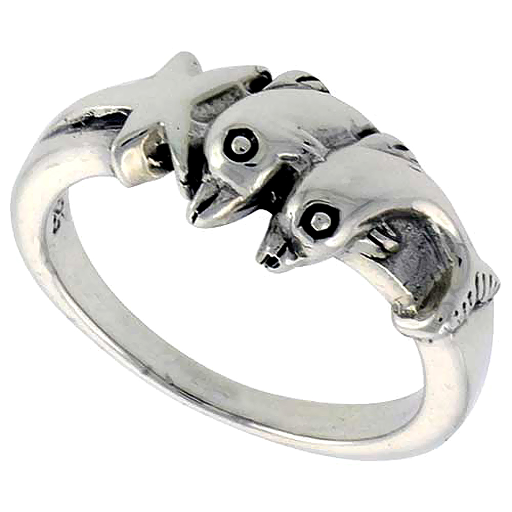 Sterling Silver Dolphins with Star Ring 1/4 inch wide, sizes 6 - 10
