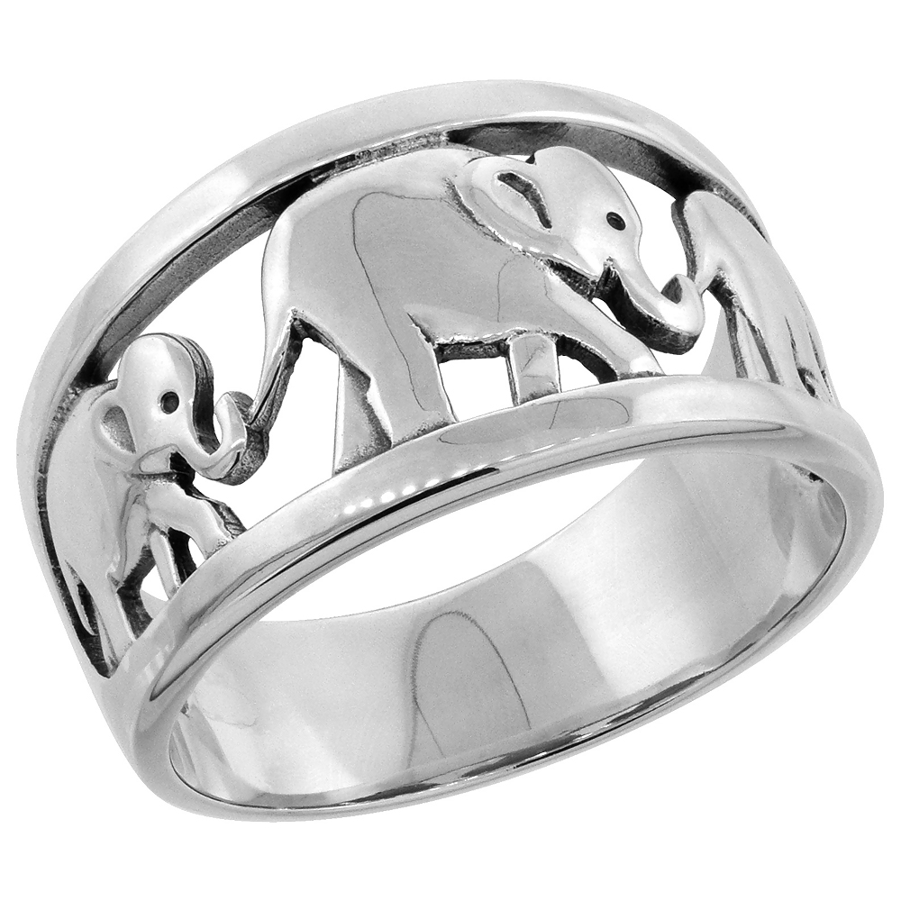 Sterling Silver Elephants Ring 7/16 inch wide, sizes 6 - 10