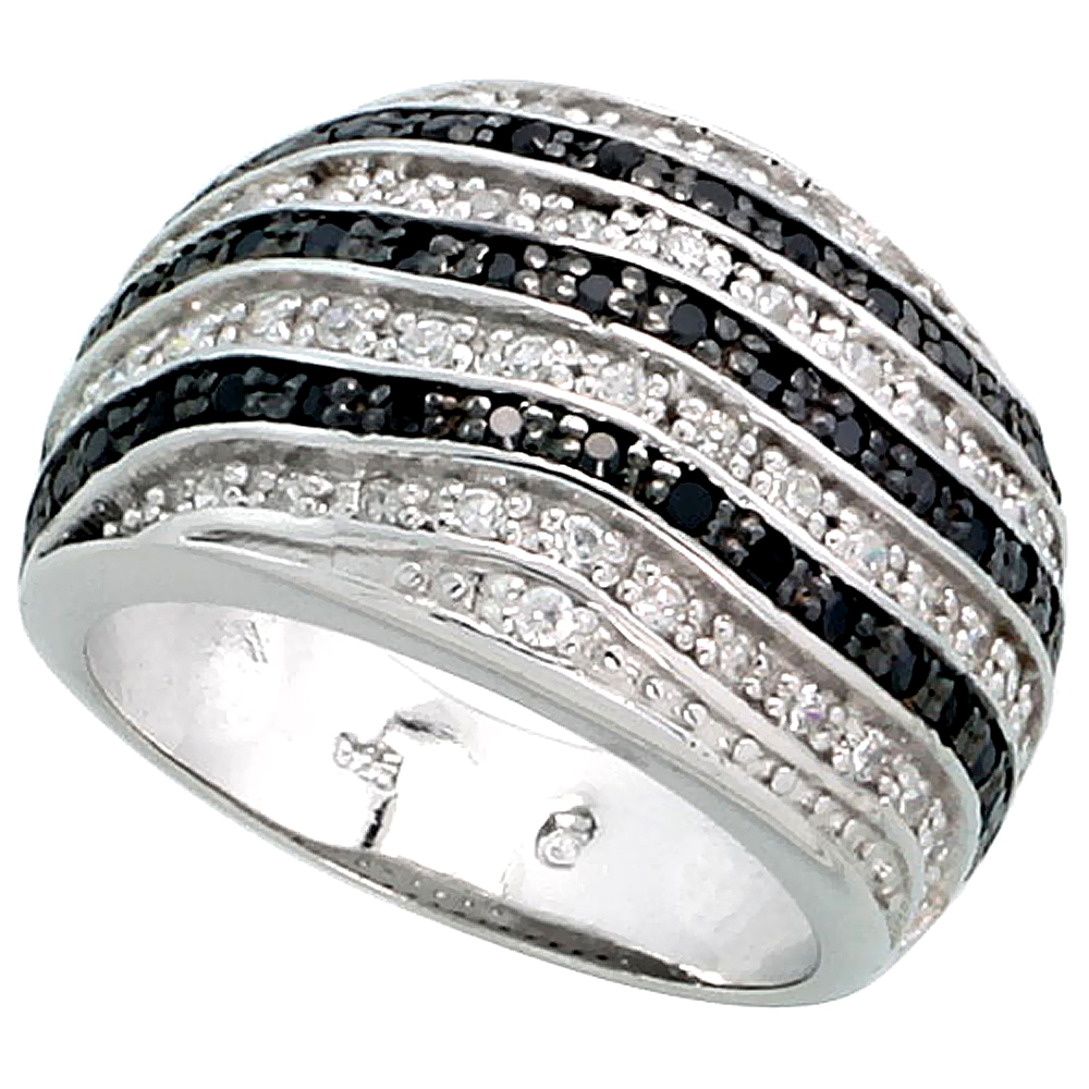 Sterling Silver Black CZ Ring Striped Dome Ring 1/2 inch wide