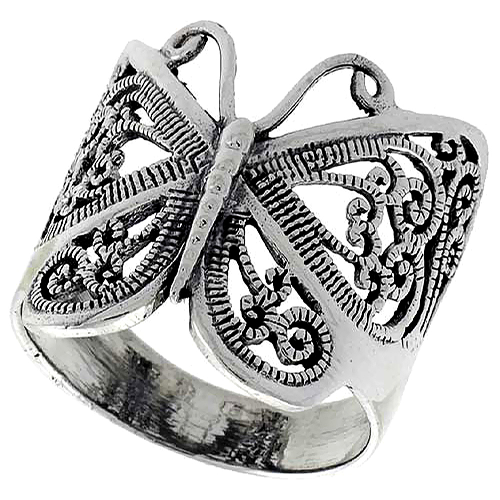 Sterling Silver Filigree Butterfly Ring Large 1 inch, sizes 6 - 10