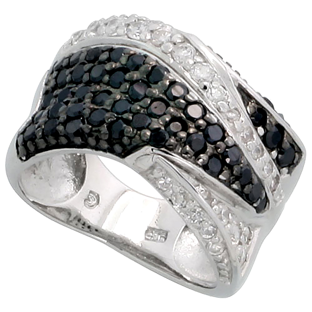 Sterling Silver Black CZ Ring Freeform Ring 7/16 inch wide