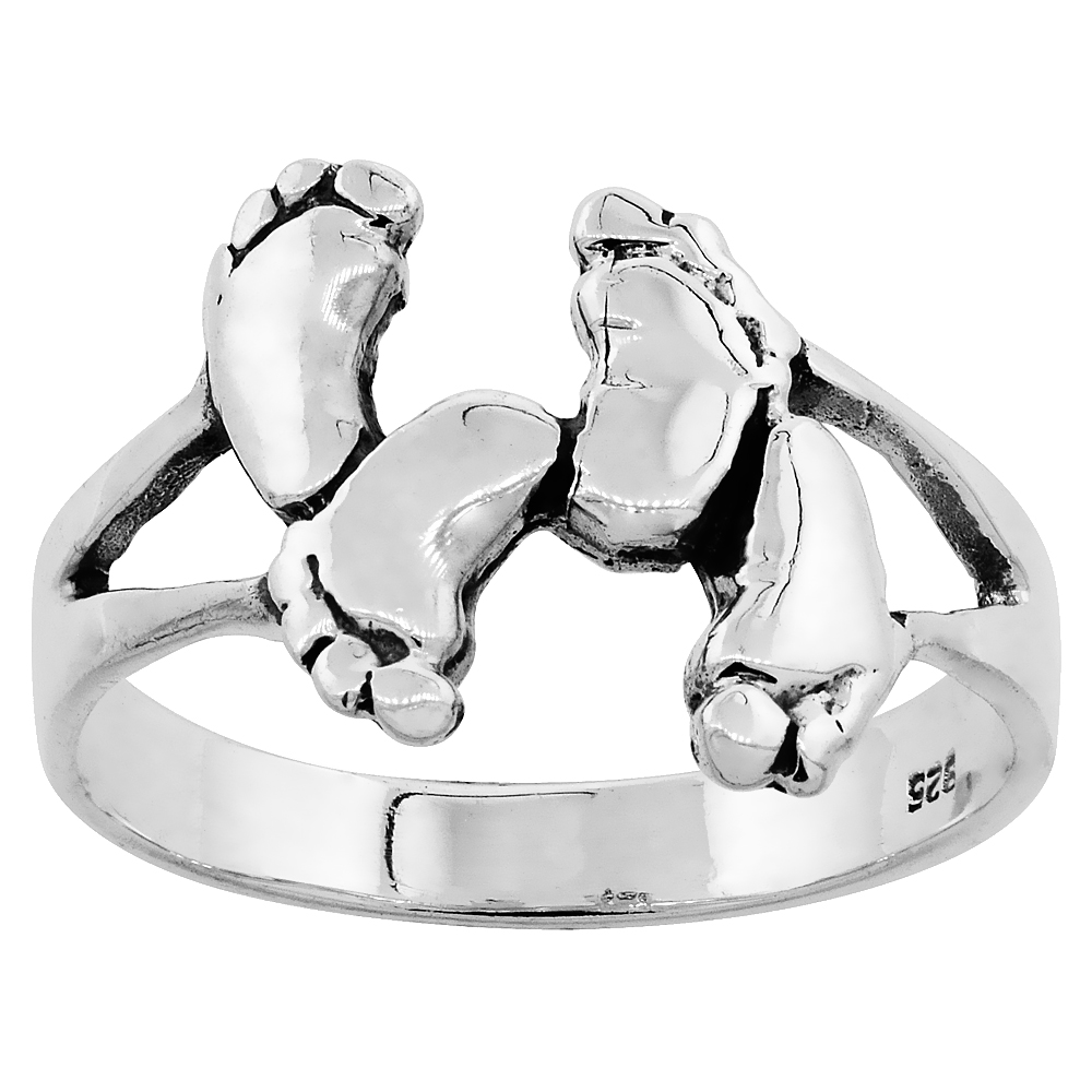 Sterling Silver Two Pairs of Feet Ring 5/8 inch wide, sizes 6 - 10