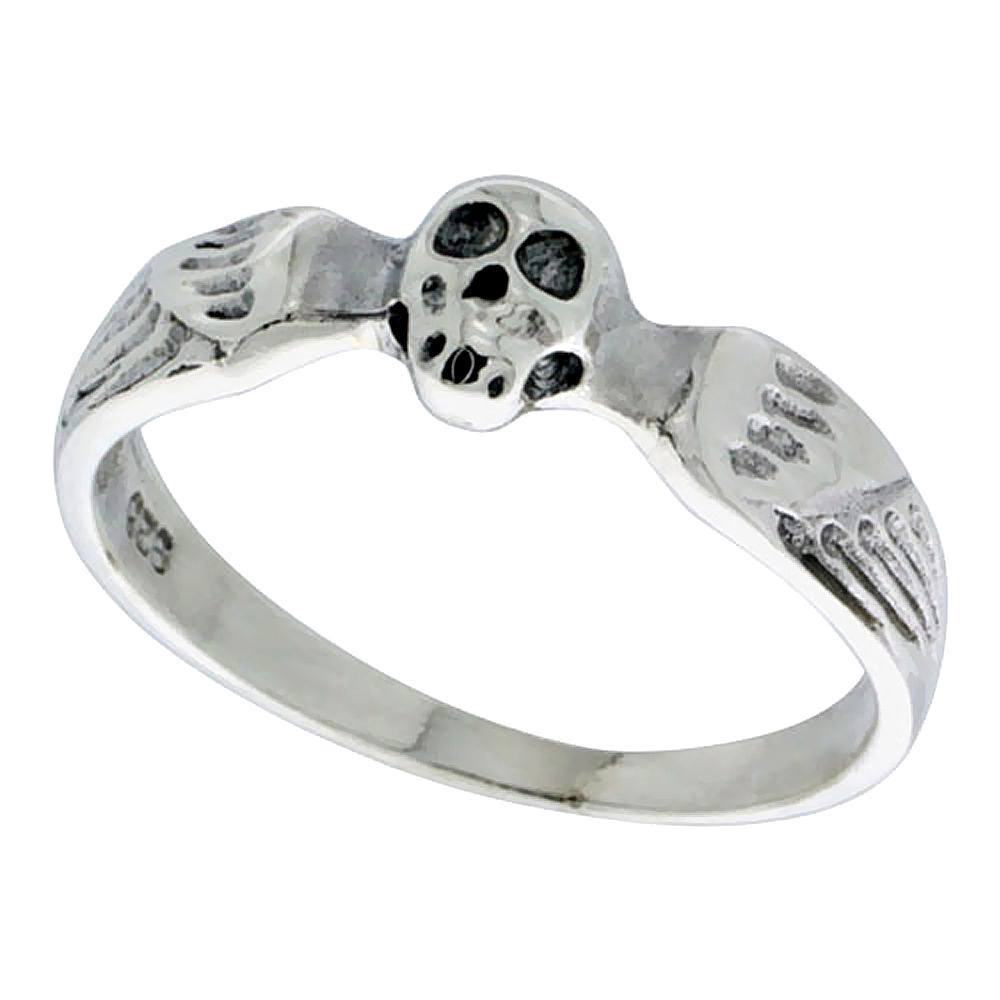 Sterling Silver Winged Skull Ring 3/16 inch wide, sizes 6 - 10