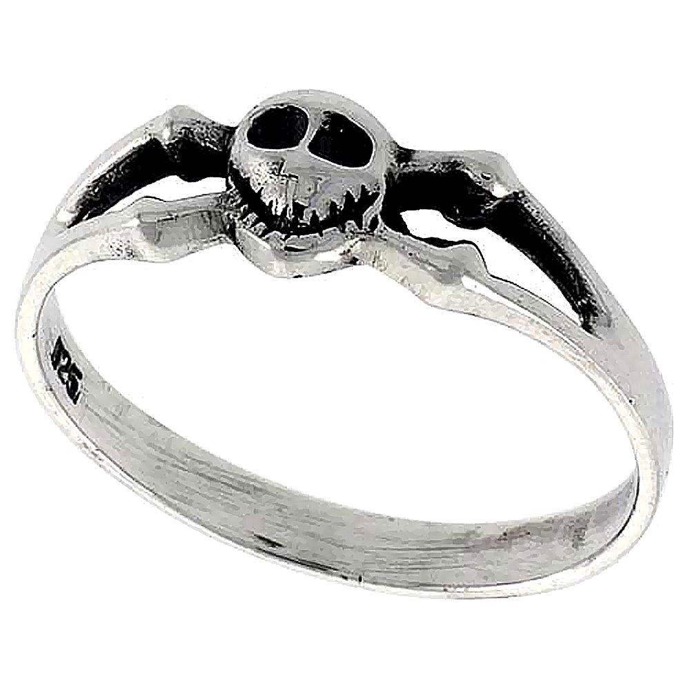 Sterling Silver Skull &amp; Crossbones Ring Dainty 3/16 inch wide, sizes 6 - 10
