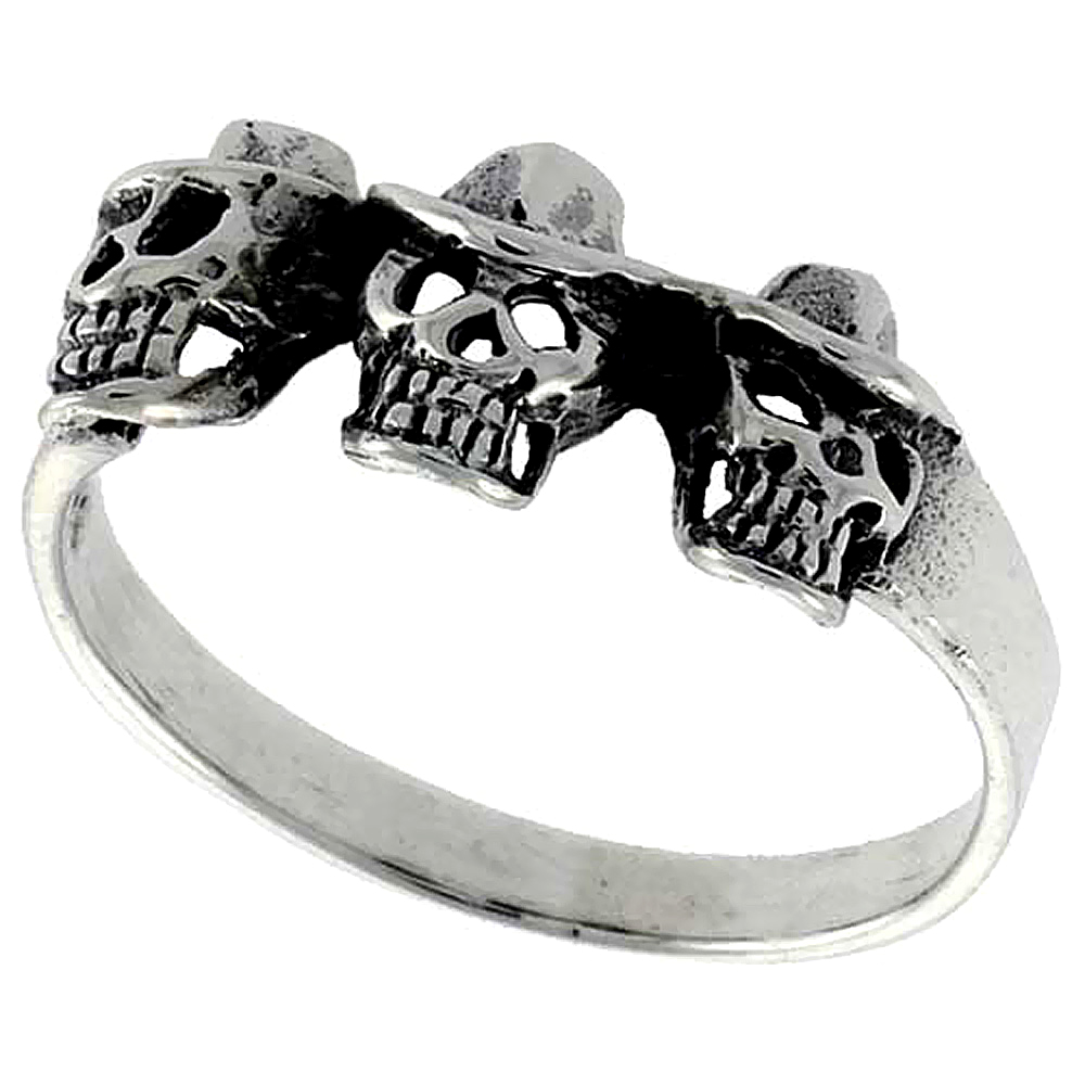 Sterling Silver Skulls with Hats Ring Dainty 3/8 inch wide, sizes 6 - 10