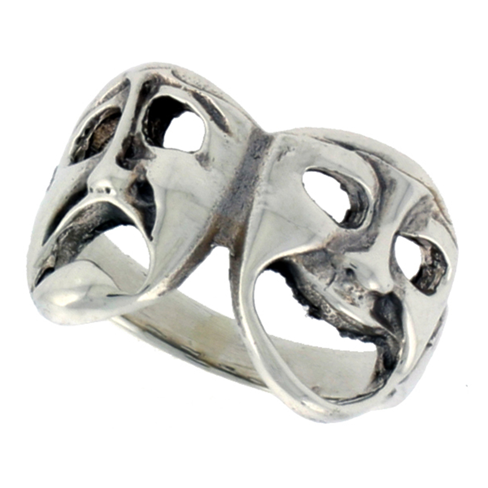 Sterling Silver Drama Masks Ring Large 5/8 inch wide, sizes 6 - 10