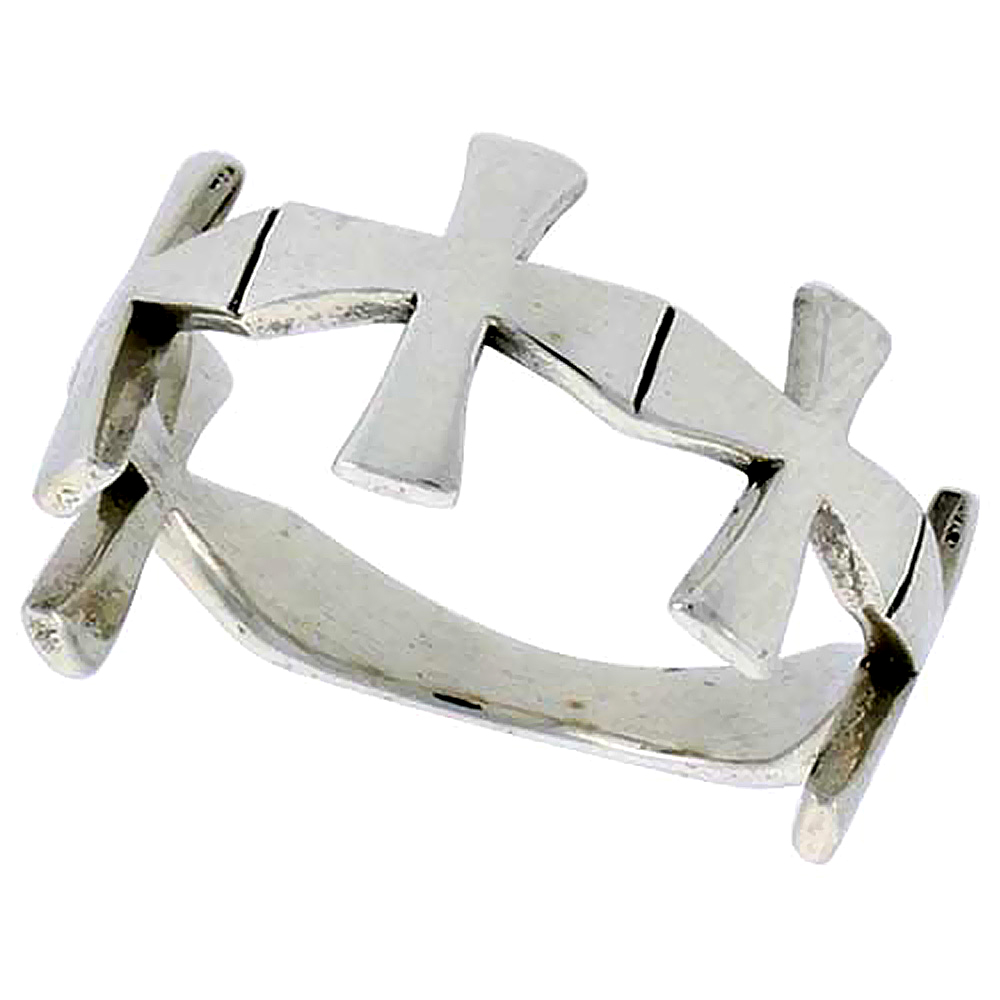 Sterling Silver Linked Crosses Ring 3/8 inch wide, sizes 6 - 10
