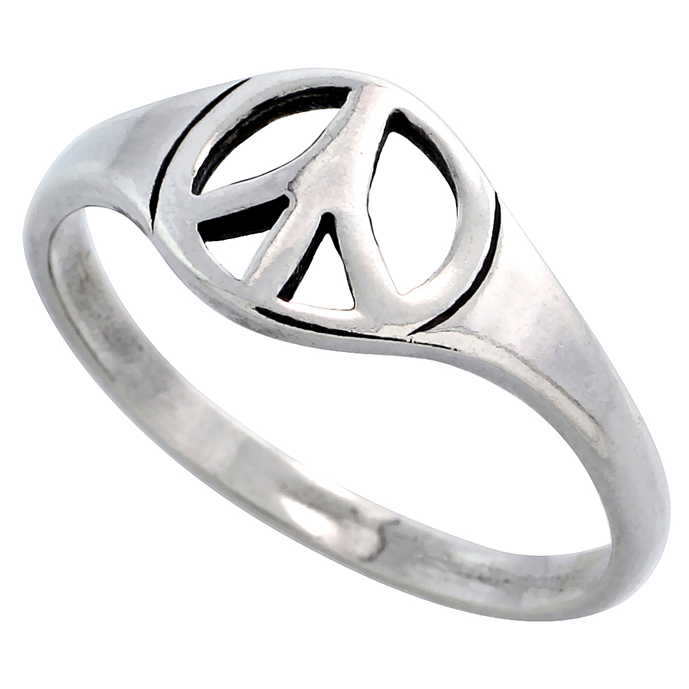 Sterling Silver Peace Sign Ring Dainty 5/16 inch wide, sizes 6 - 10