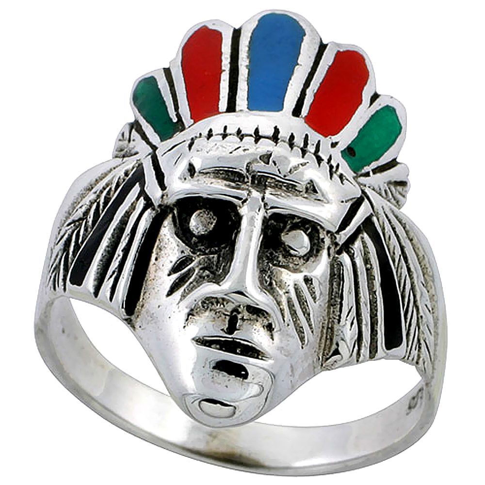 Sterling Silver Multi Color Indian Chief Head Ring 1 inch, sizes 