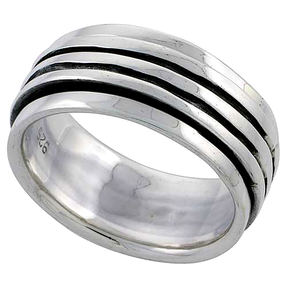 Sterling Silver Stripe Design Spinner Ring 3/8 inch wide