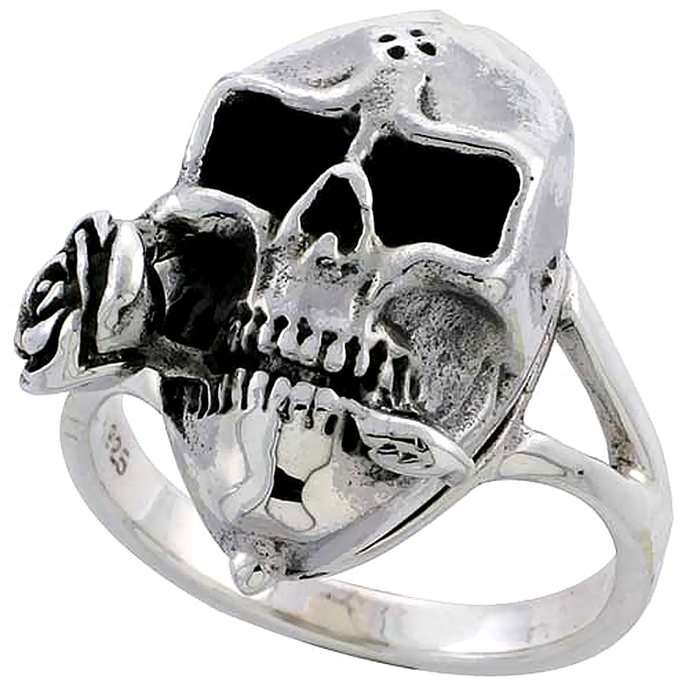 Sterling Silver Skull with Rose Poison Ring 1 inch, sizes 6 - 10