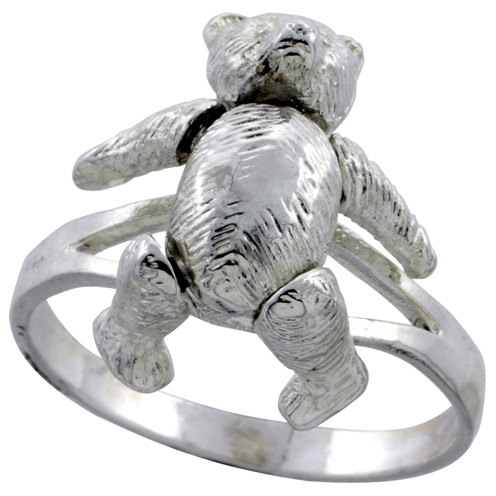 Sterling Silver Movable Teddy Bear Ring 7/8 inch, sizes 6 - 10