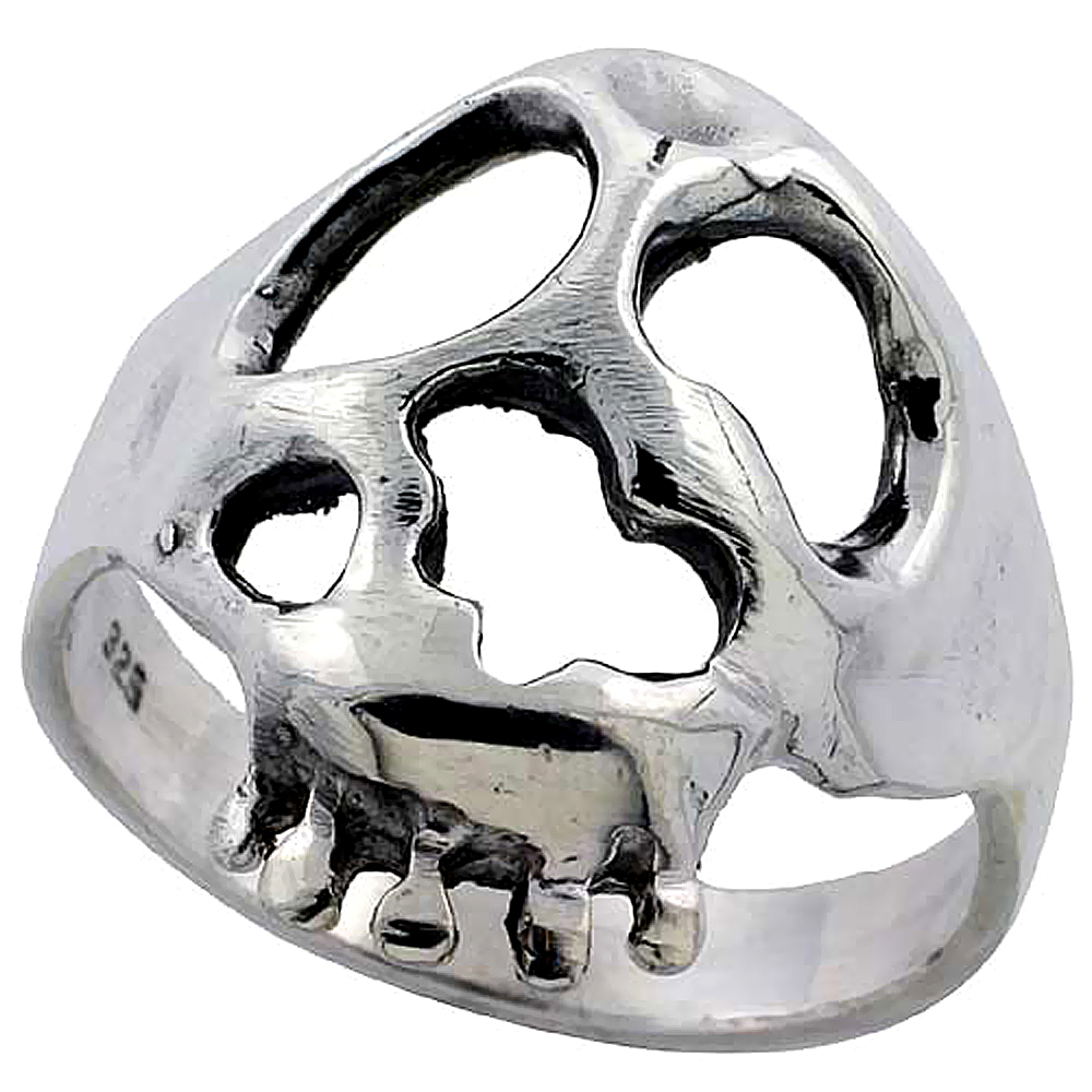 Sterling Silver Deranged Skull Ring 1 inch wide, sizes 6 to 15