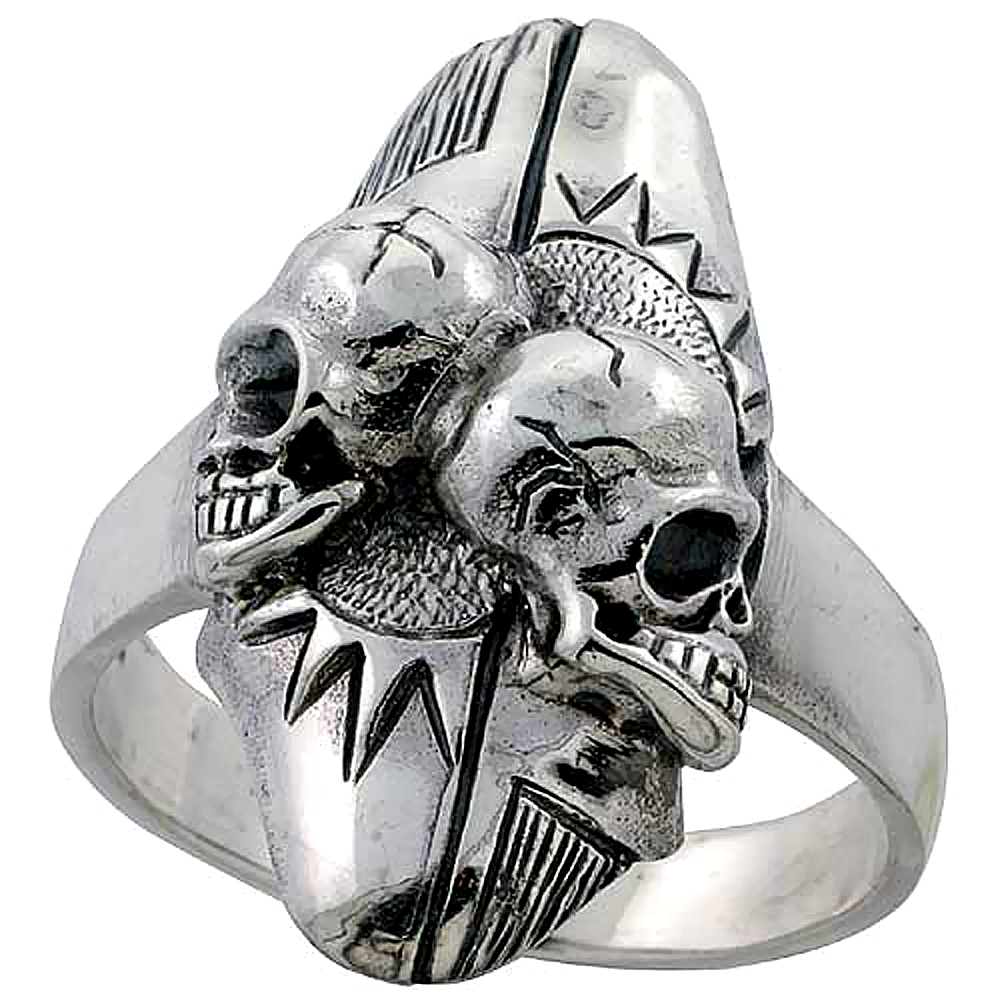 Sterling Silver 2 Skull Ring 1 1/4 inch wide, sizes 6 to 15