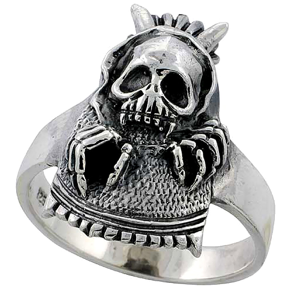 Sterling Silver Skull with Horns Ring 1 inch wide, sizes 6 to 15