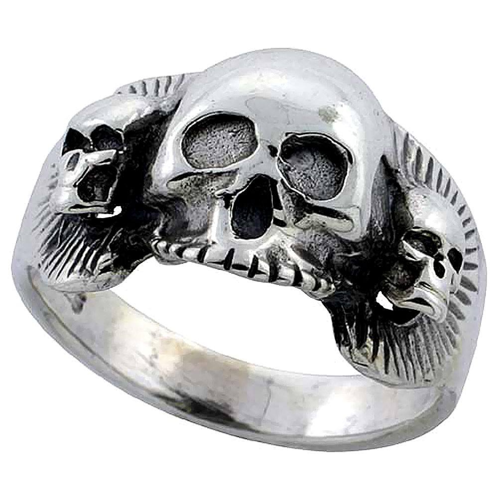 Sterling Silver Triple Skull Ring 5/8 inch wide, sizes 6 to 15