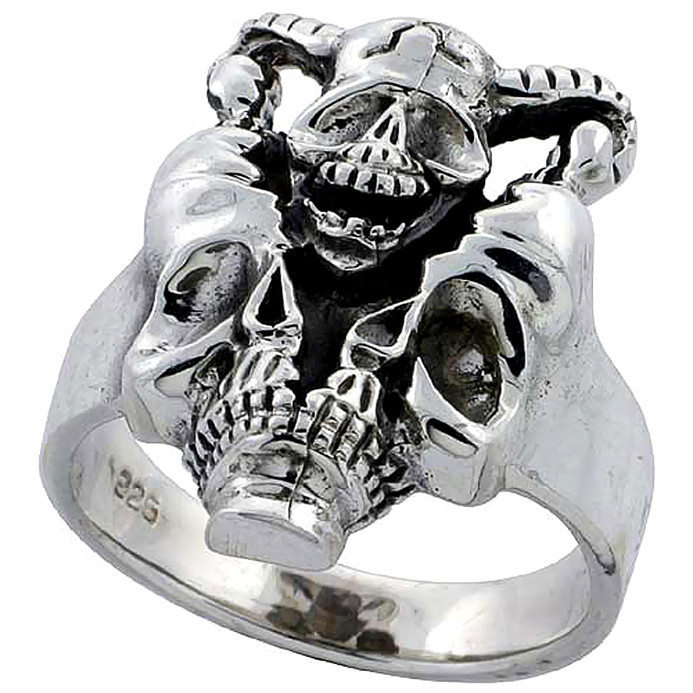 Sterling Silver Horned Skull Ring 7/8 inch wide, sizes 6 to 15