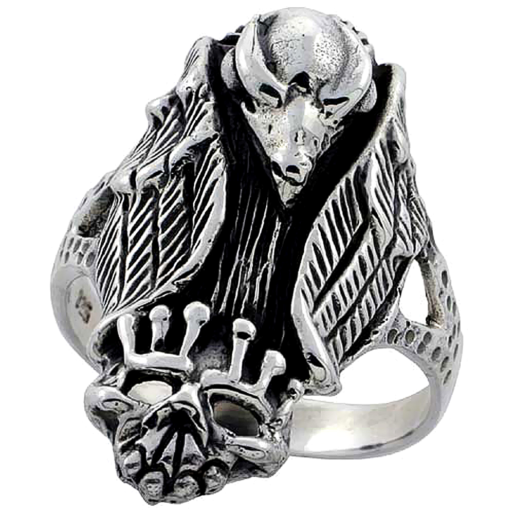 Sterling Silver Vulture with Crowned Skull Ring 1 1/4 inch wide, sizes 6 to 15