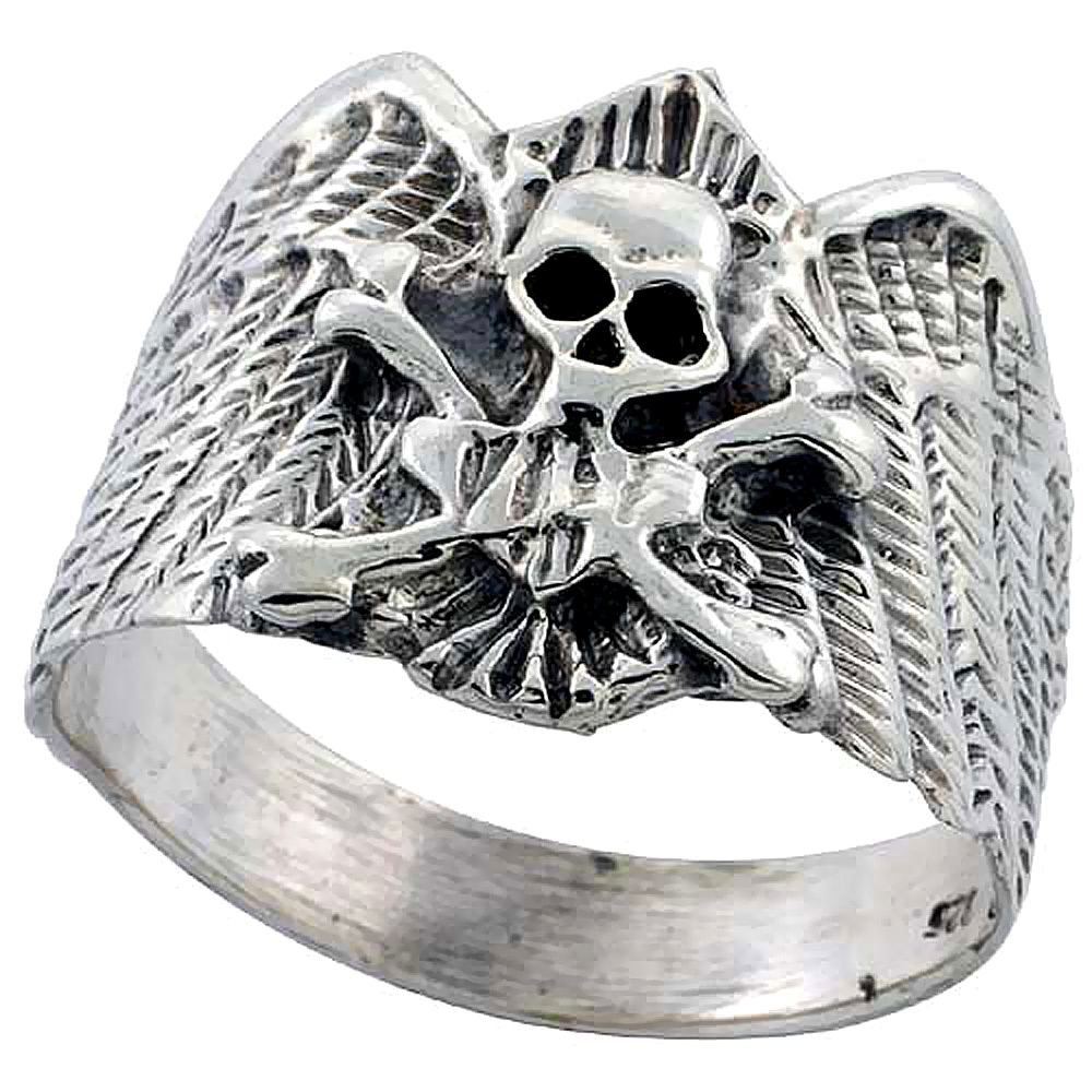 Sterling Silver Skull &amp; Crossbones Ring 3/4 inch wide, sizes 6 to 15