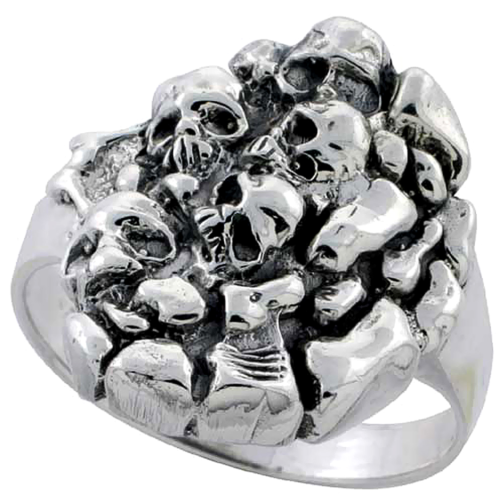 Sterling Silver Skull Yard Ring 7/8 inch wide, sizes 6 to 15