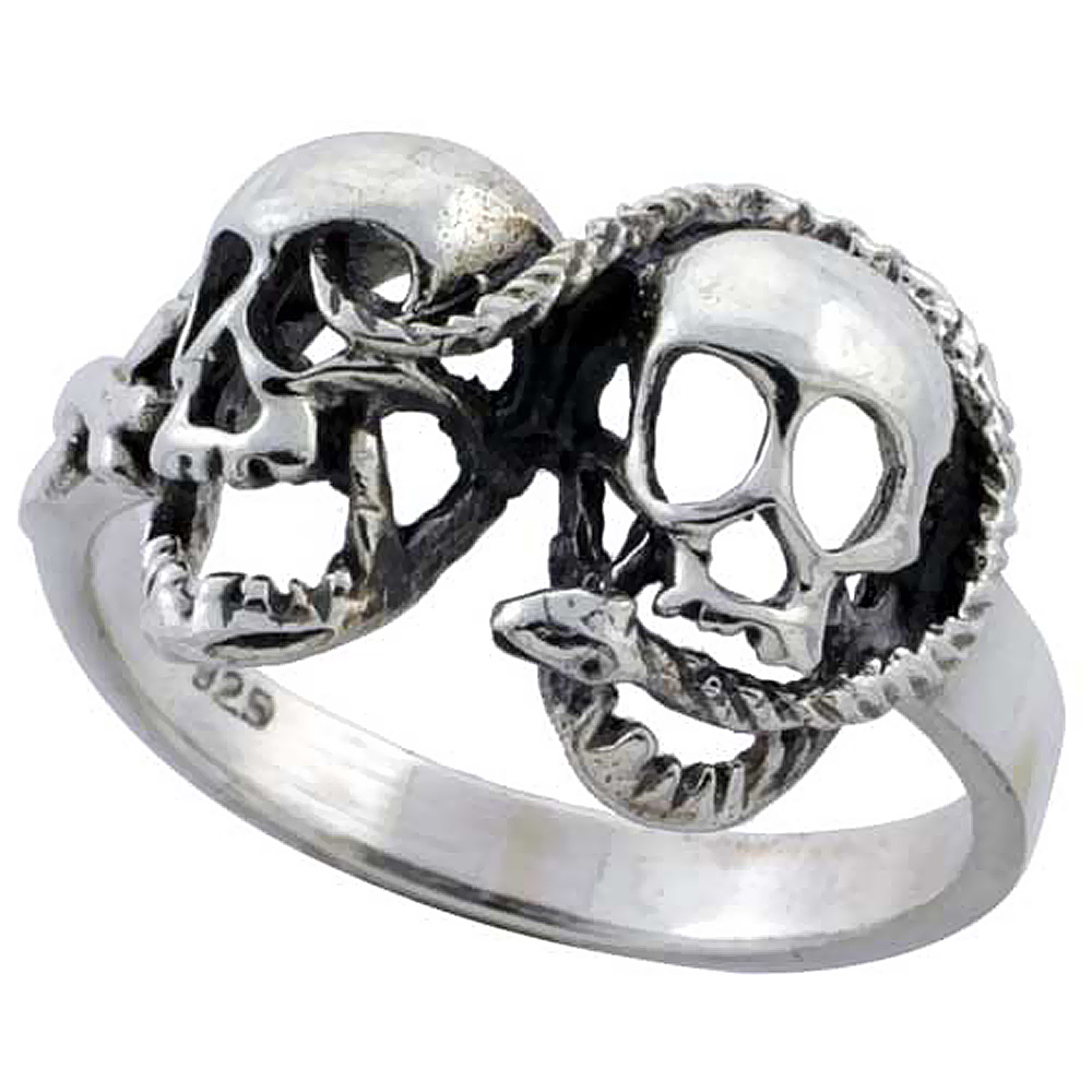 Sterling Silver Snake with 2 Skulls Ring 7/16 inch wide, sizes 6 to 12