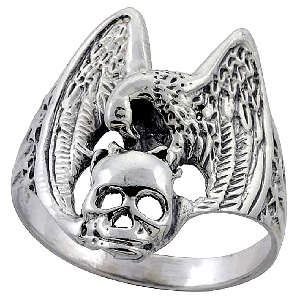 Sterling Silver Vulture with Skull Ring 1 inch wide, sizes 6 to 15