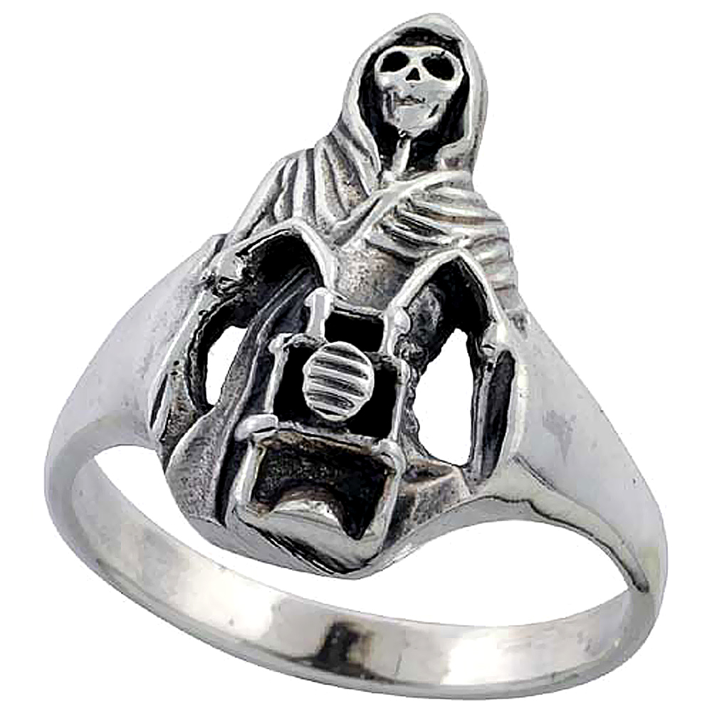 Sterling Silver Grim Reaper on Motorcycle Ring 3/4 inch wide, sizes 6 to 15