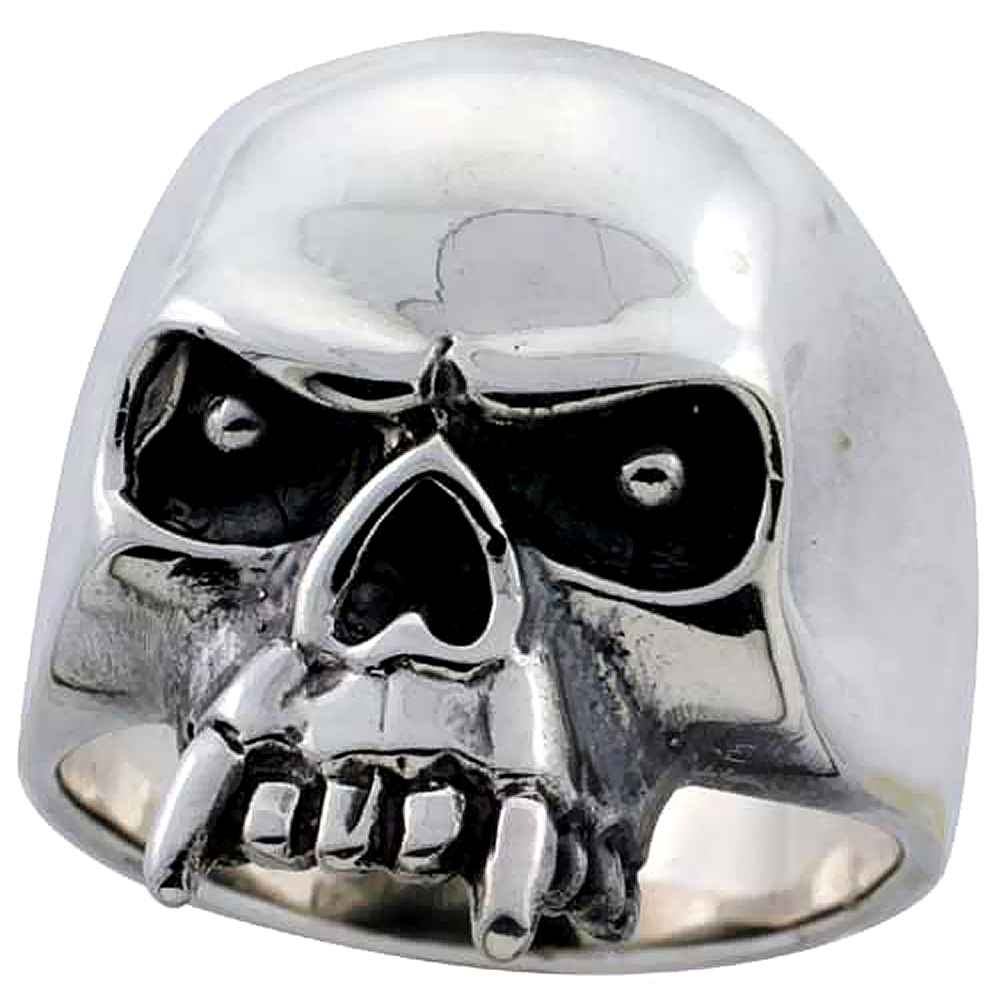 Sterling Silver Fanged Skull Ring 1 1/8 inch wide, sizes 8 to 14