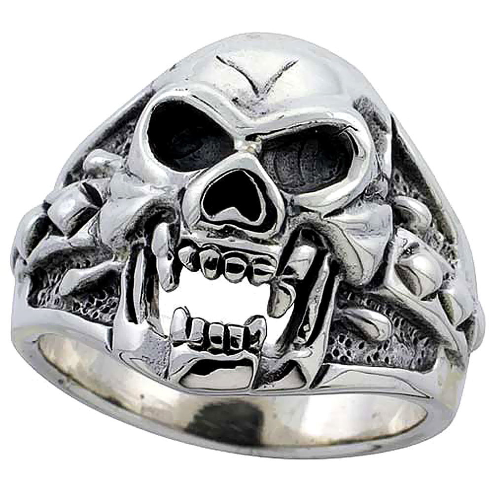 Sterling Silver Fanged Skull Ring 7/8 inch wide, sizes 8 to 14