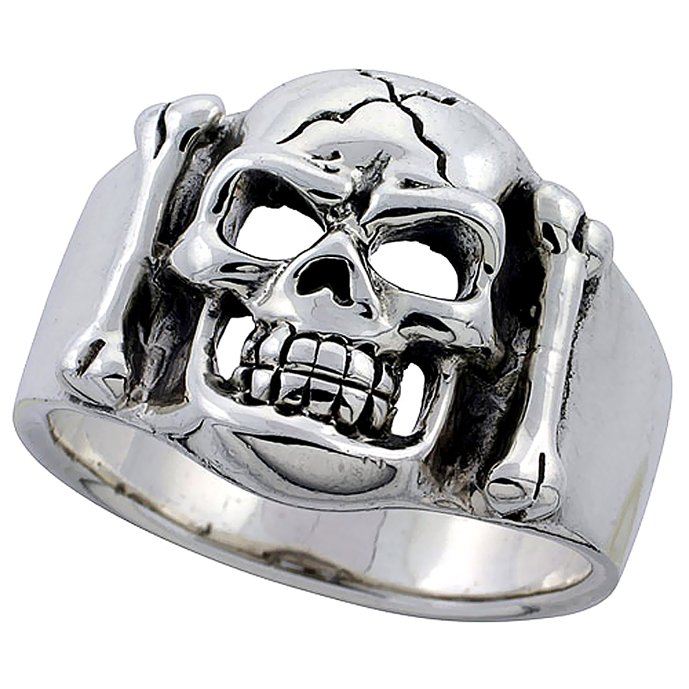 Sterling Silver Bones &amp; Cracked Skull Ring 3/4 inch wide