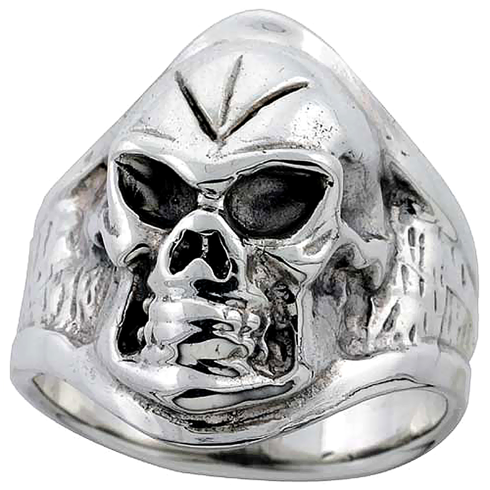 Sterling Silver Mean Looking Skull Ring 1 inch wide, sizes 8 to 14
