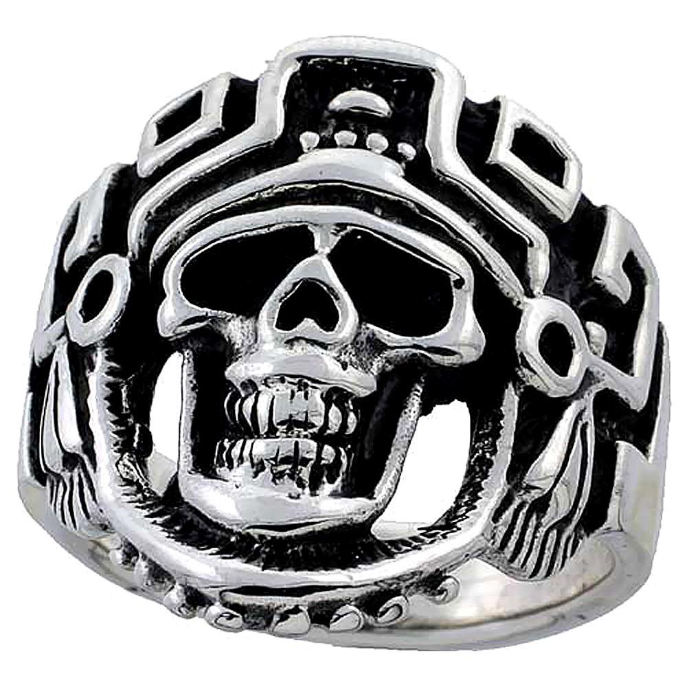 Sterling Silver Aztec King Skull Ring 1 inch wide, sizes 8 to 14