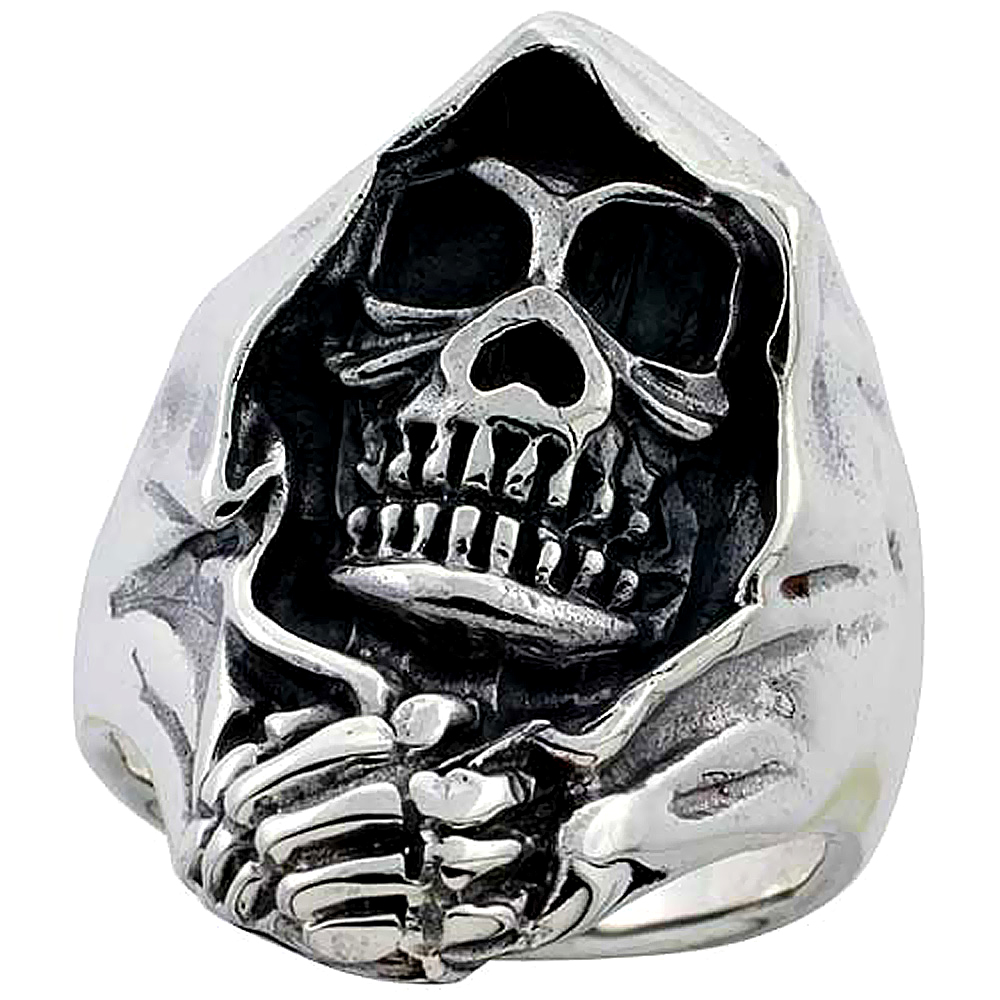 Sterling Silver Grim Reaper Skull Ring 1 3/8 inch wide