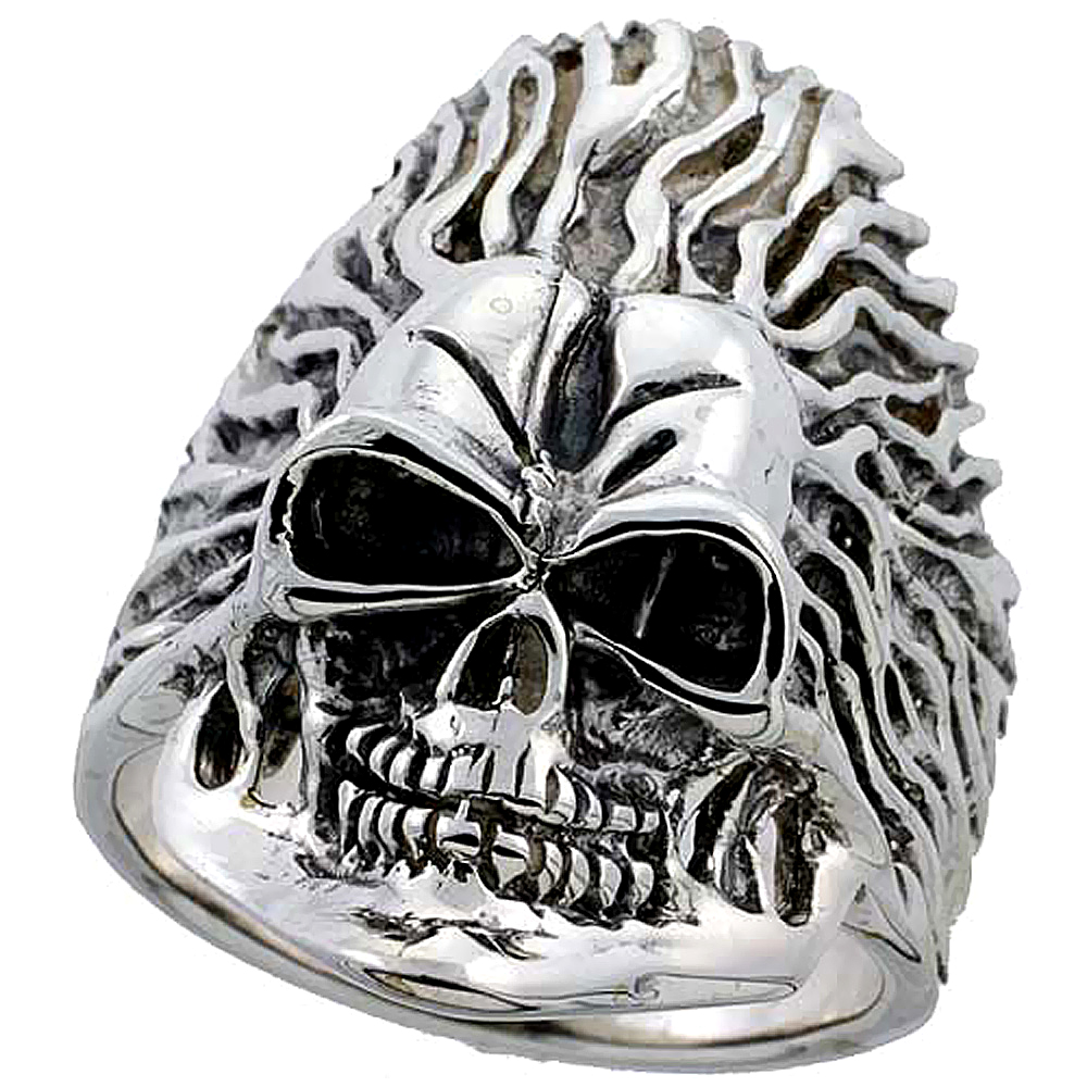 Sterling Silver Skull on Flames Ring 1 3/8 inch wide, sizes 8 to 14